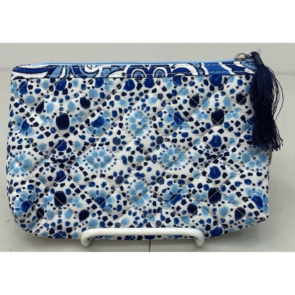 NWT Modella Quilted Blue Abstract Mosaic Makeup Cosmetic Bag Purse Kit Tassel